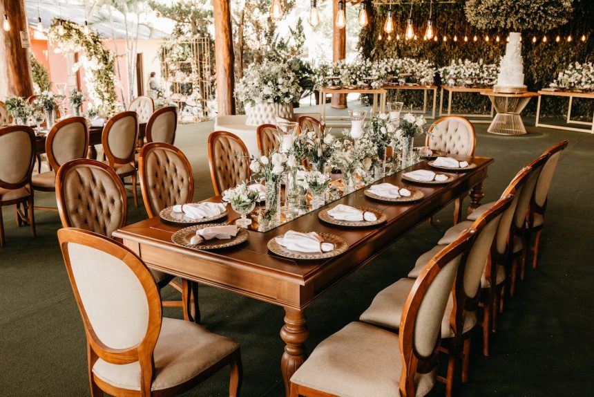 dining tables with food in wedding venue